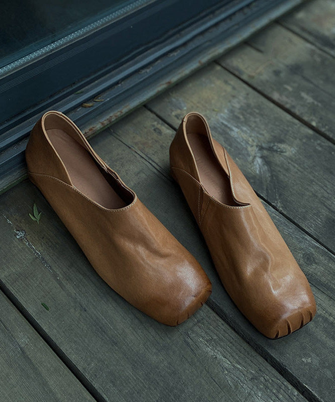 Handmade Apricot Horsehide Leather Comfy Flats Shoes