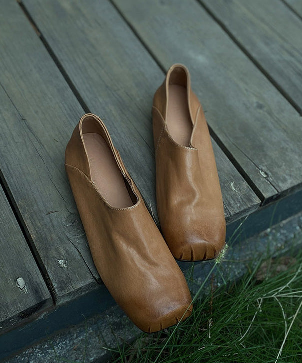 Handmade Apricot Horsehide Leather Comfy Flats Shoes