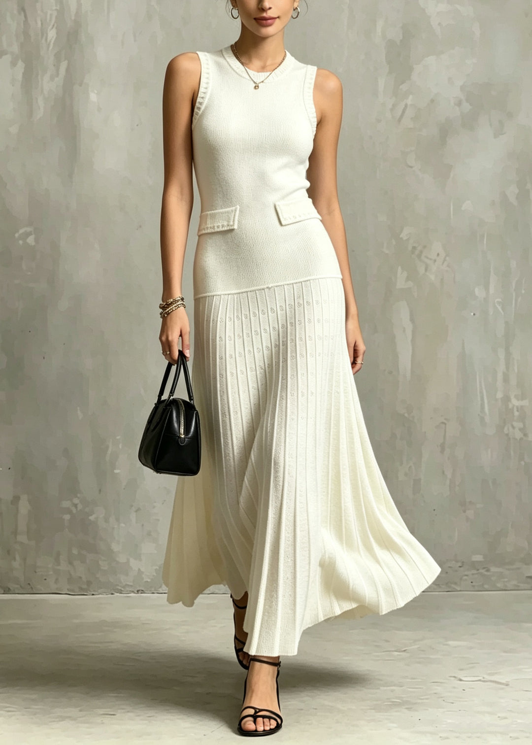 Handmade Apricot O Neck Patchwork Knit Maxi Dresses Sleeveless