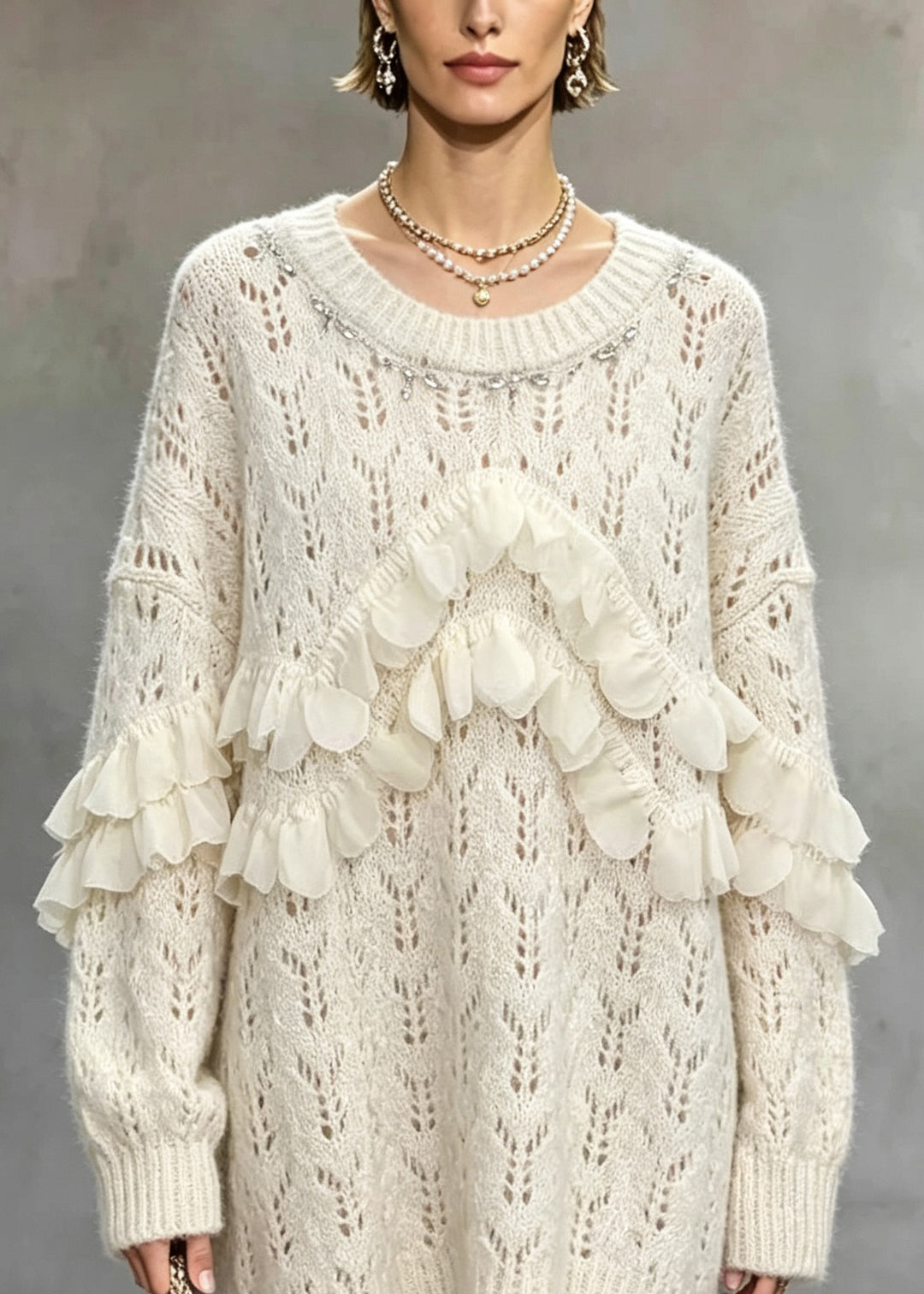Handmade Apricot O Neck Ruffled Zircon Knit Sweaters Fall