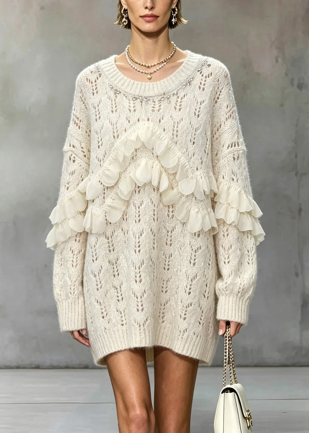 Handmade Apricot O Neck Ruffled Zircon Knit Sweaters Fall