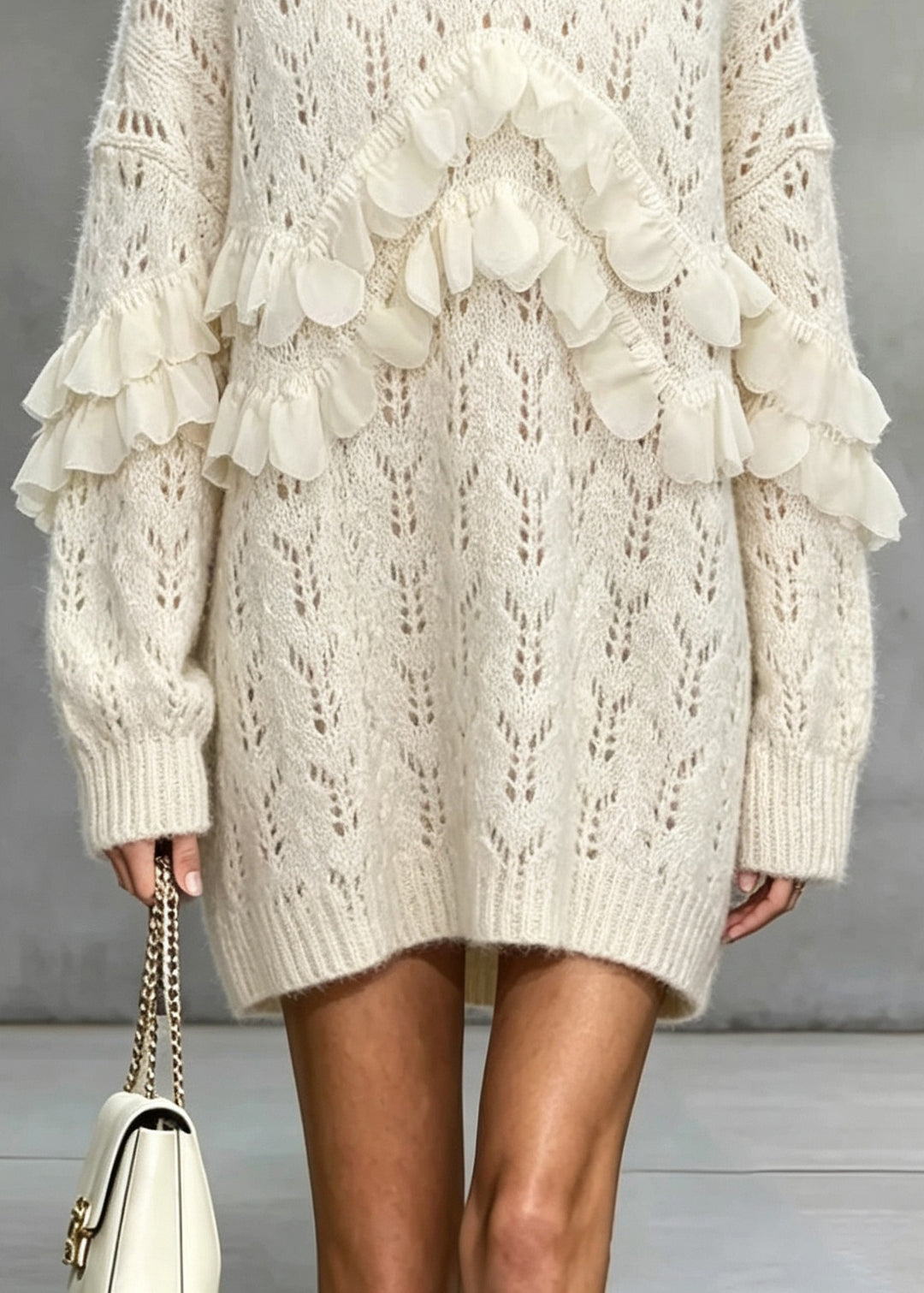 Handmade Apricot O Neck Ruffled Zircon Knit Sweaters Fall