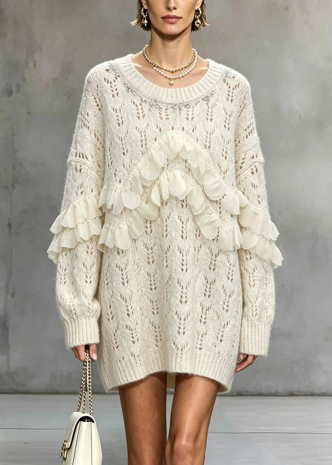 Handmade Apricot O Neck Ruffled Zircon Knit Sweaters Fall