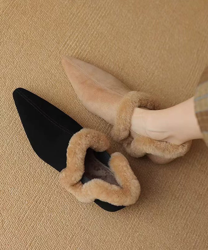Handmade Apricot Suede Flats Shoes Pointed Toe Fuzzy Wool Lined