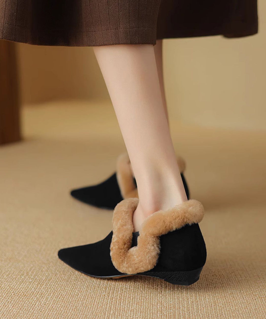 Handmade Apricot Suede Flats Shoes Pointed Toe Fuzzy Wool Lined