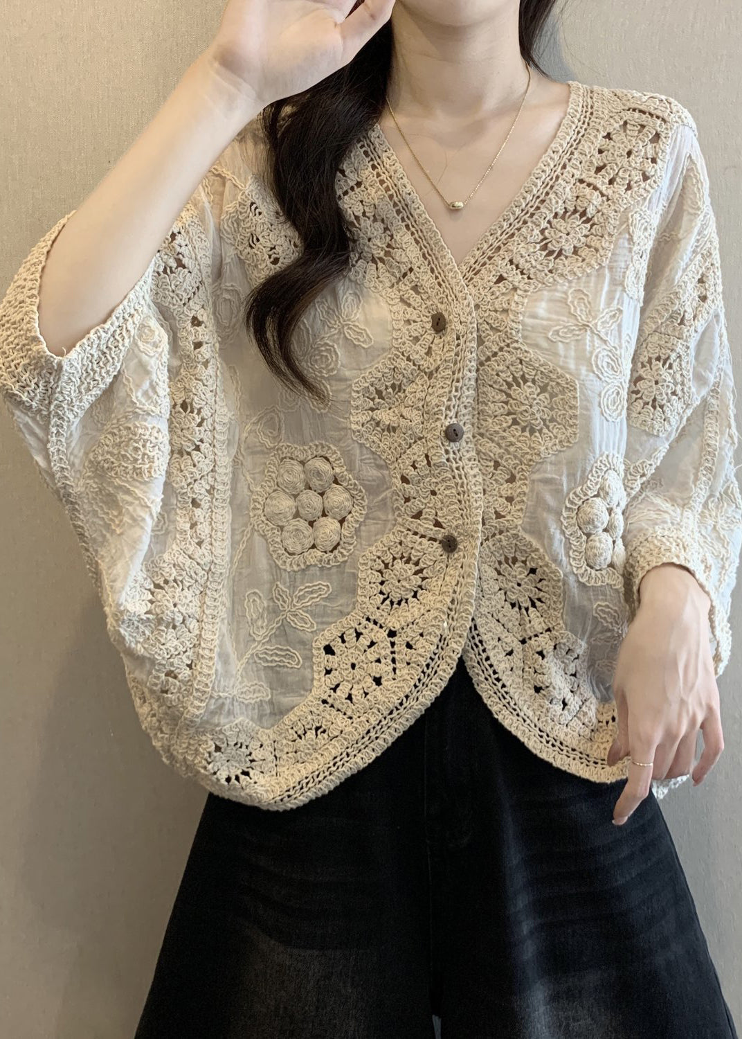 Handmade Apricot V Neck Hollow Out Button Cardigan Spring