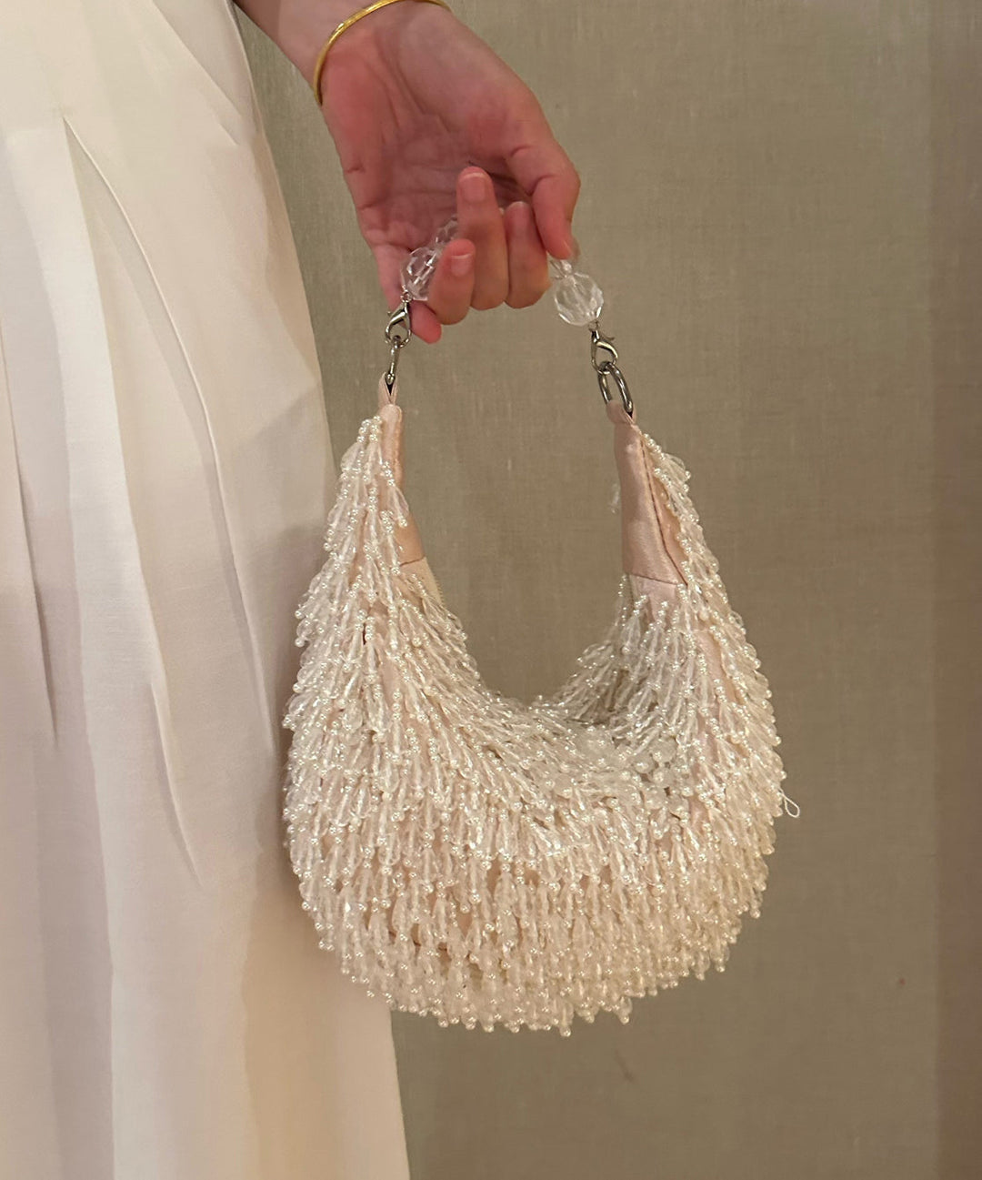 Handmade Beaded Crystal Tassel Satin Tote Handbag