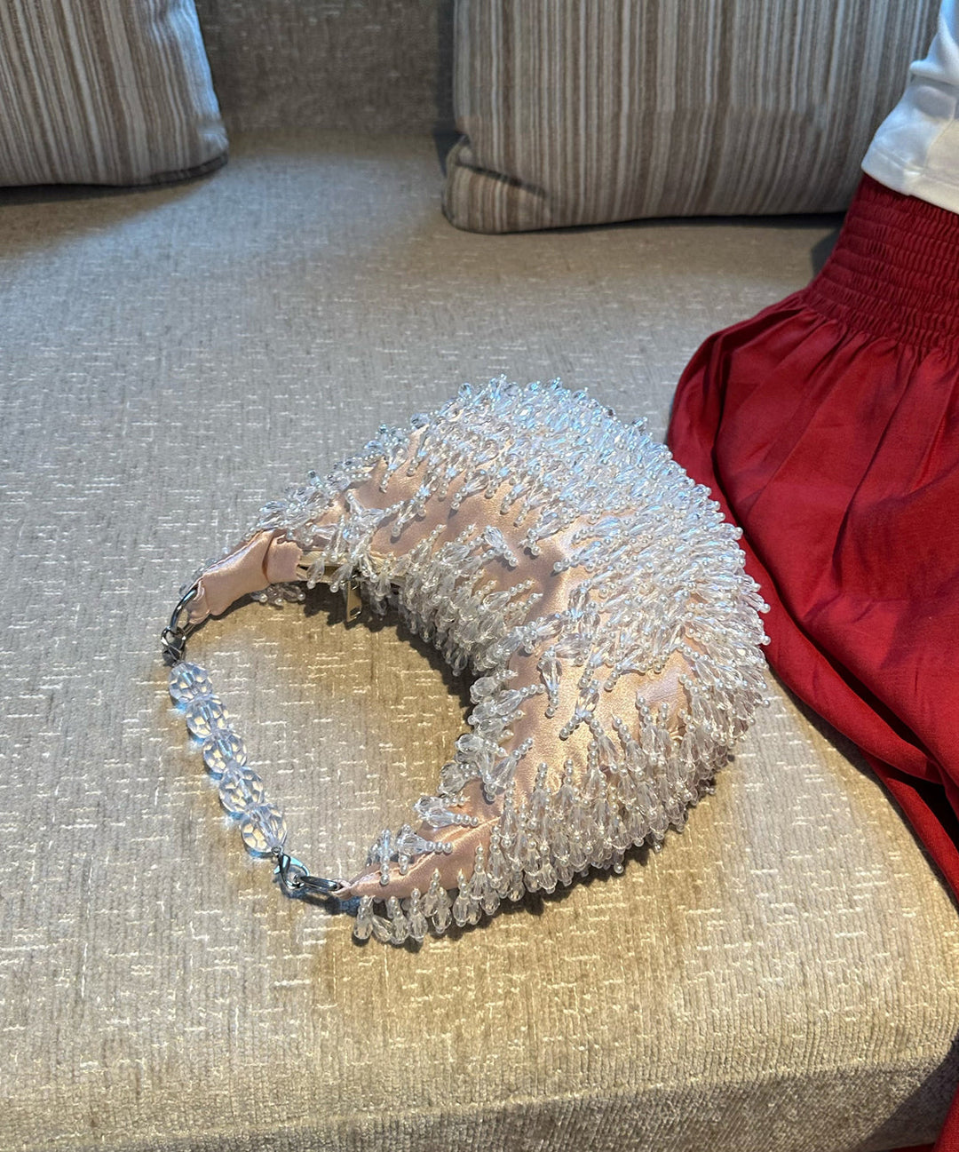 Handmade Beaded Crystal Tassel Satin Tote Handbag