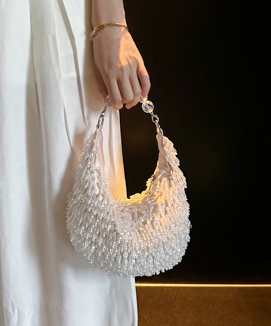 Handmade Beaded Crystal Tassel Satin Tote Handbag