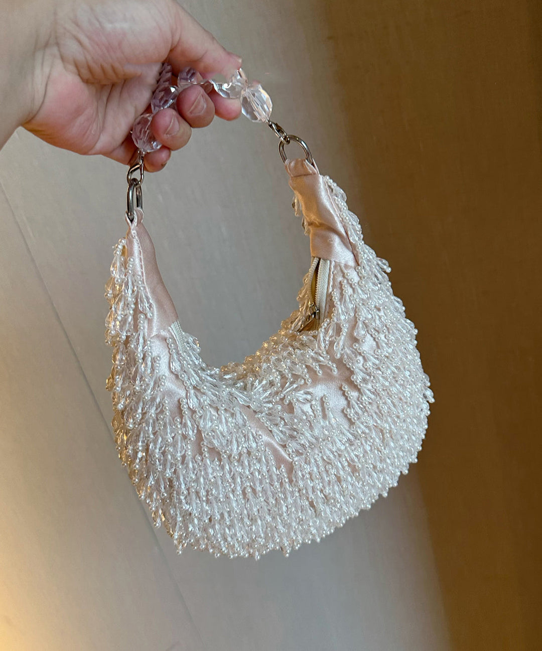 Handmade Beaded Crystal Tassel Satin Tote Handbag