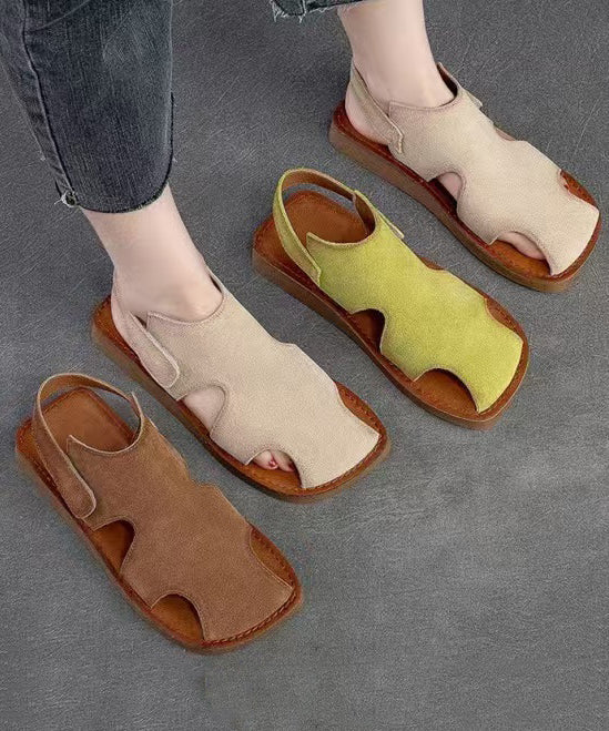 Handmade Beige Cowhide Leather Splicing Walking Sandals Hollow Out