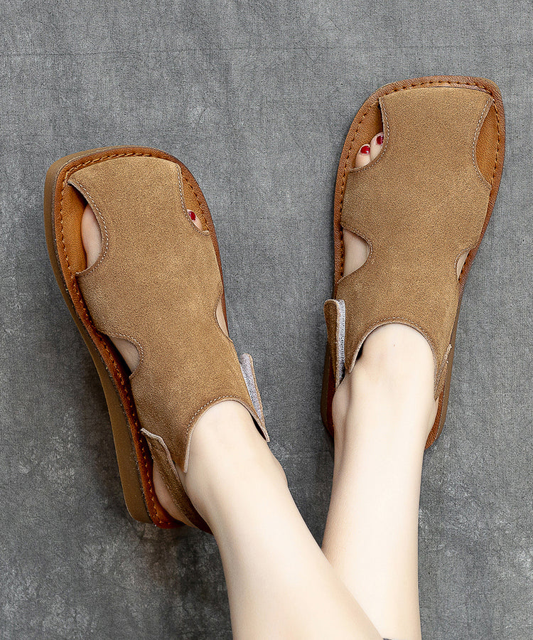 Handmade Beige Cowhide Leather Splicing Walking Sandals Hollow Out