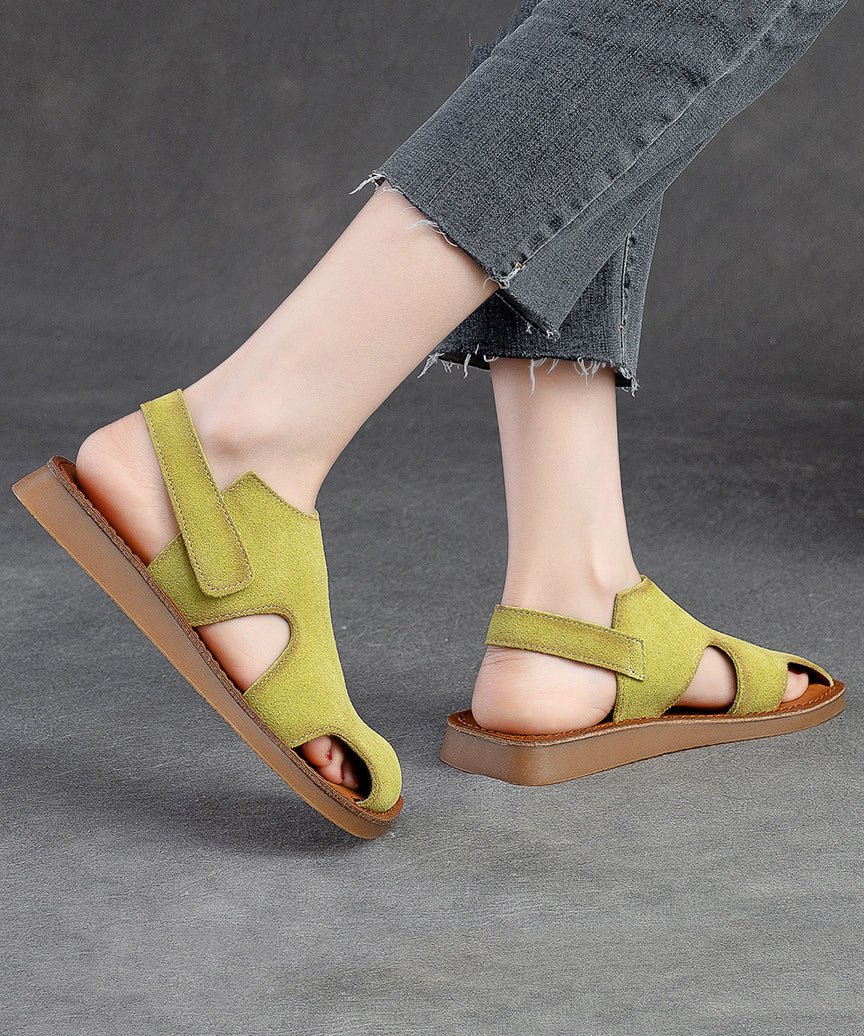 Handmade Beige Cowhide Leather Splicing Walking Sandals Hollow Out