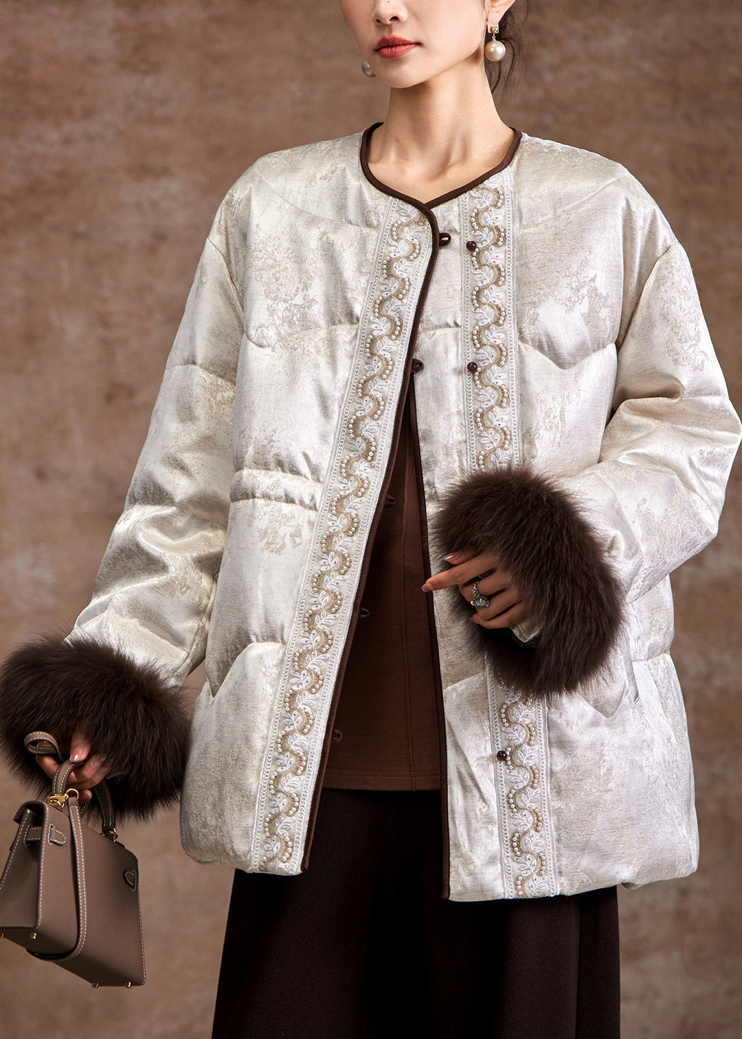 Handmade Beige Embroidered Nail Bead Fox Hair Duck Down Puffer Jacket Winter