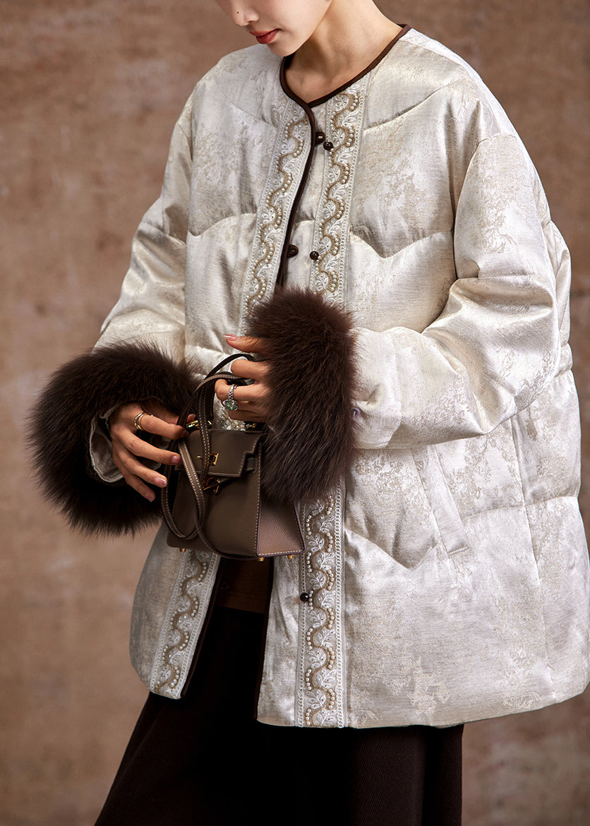 Handmade Beige Embroidered Nail Bead Fox Hair Duck Down Puffer Jacket Winter