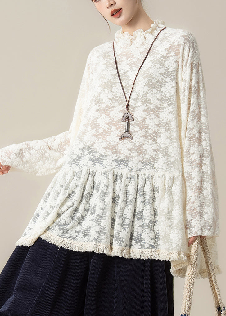 Handmade Beige Embroidered Ruffled Lace Blouses Spring