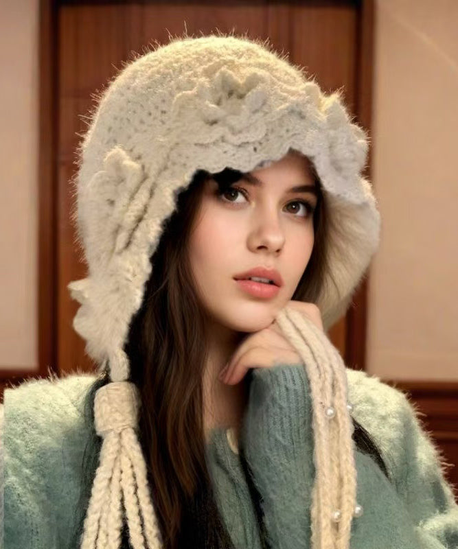 Handmade Beige Floral Tassel Nail Bead Wool Knit Boonie Hat