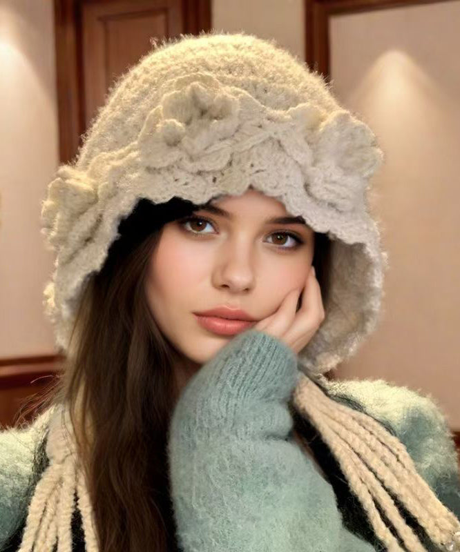 Handmade Beige Floral Tassel Nail Bead Wool Knit Boonie Hat