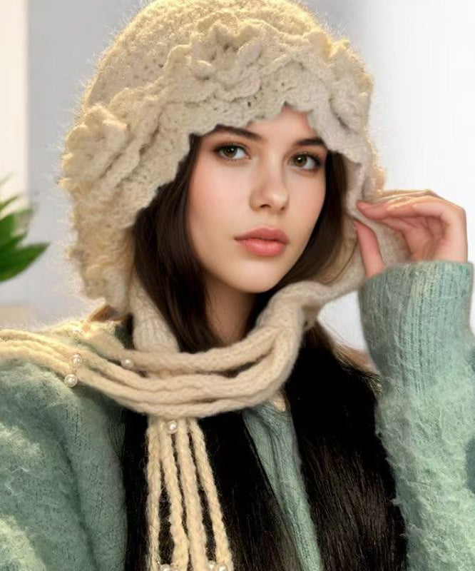 Handmade Beige Floral Tassel Nail Bead Wool Knit Boonie Hat