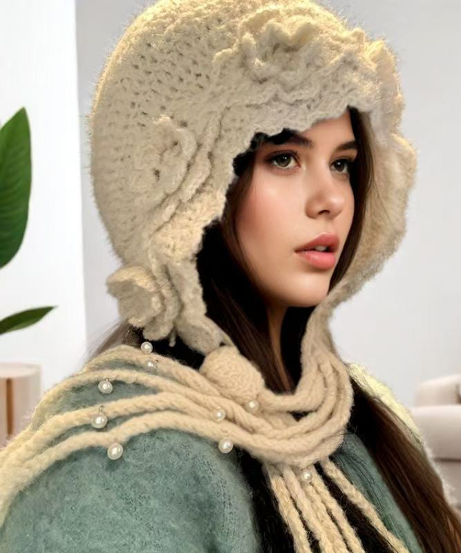 Handmade Beige Floral Tassel Nail Bead Wool Knit Boonie Hat