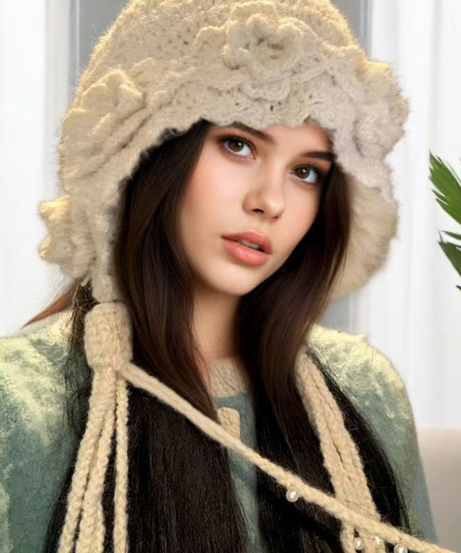 Handmade Beige Floral Tassel Nail Bead Wool Knit Boonie Hat