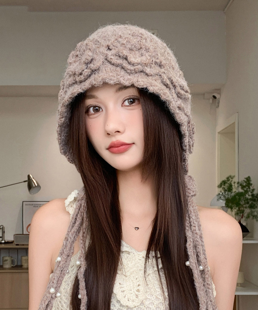 Handmade Beige Flower Thickened Warm Pearl Tassel Knitted Hat