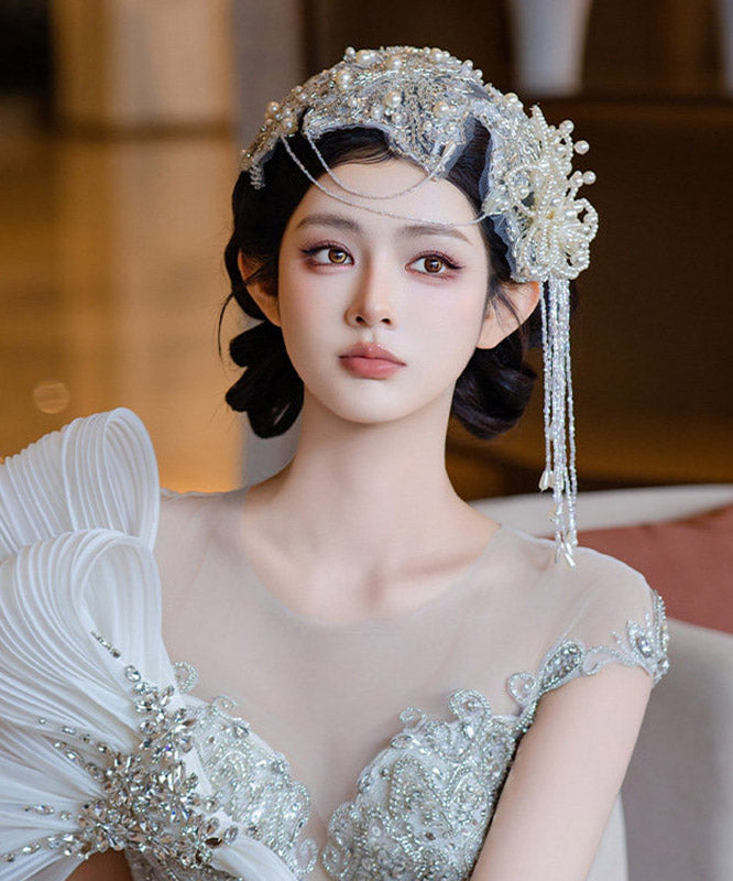 Handmade Beige Lace Floral Pearl Beading Zircon Tassel HairPiece