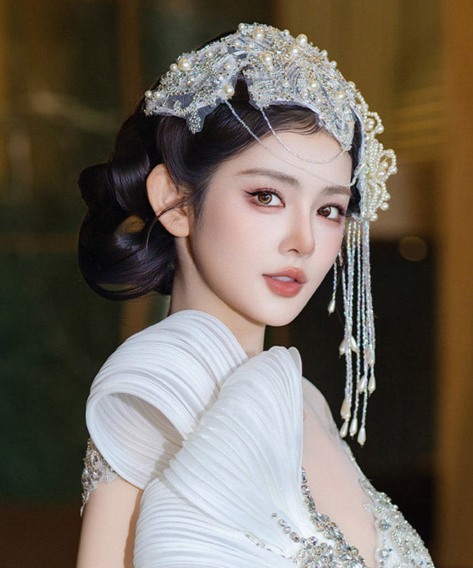 Handmade Beige Lace Floral Pearl Beading Zircon Tassel HairPiece