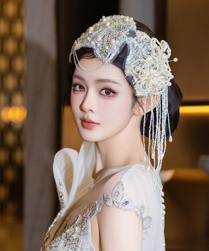 Handmade Beige Lace Floral Pearl Beading Zircon Tassel HairPiece