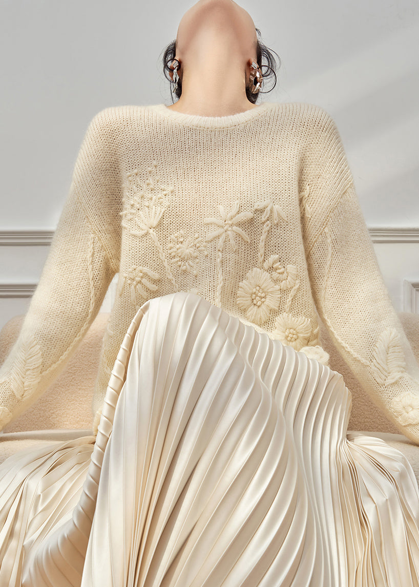 Handmade Beige O Neck Floral Cozy Knit Sweater Tops Fall