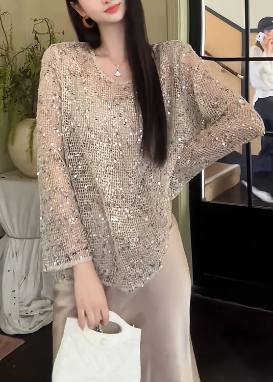 Handmade Beige O Neck Hollow Out Sequins Knit T Shirt Summer