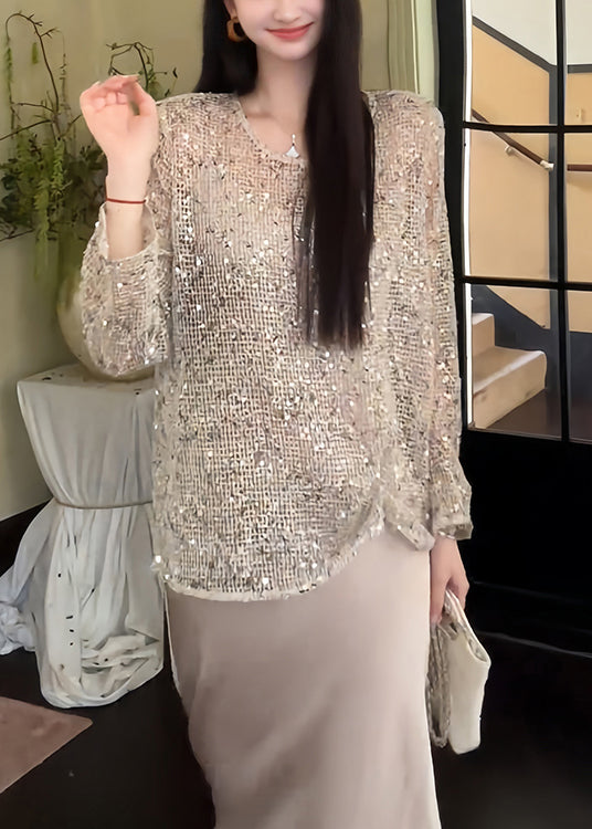 Handmade Beige O Neck Hollow Out Sequins Knit T Shirt Summer