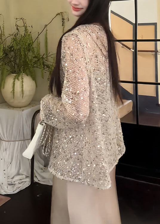 Handmade Beige O Neck Hollow Out Sequins Knit T Shirt Summer