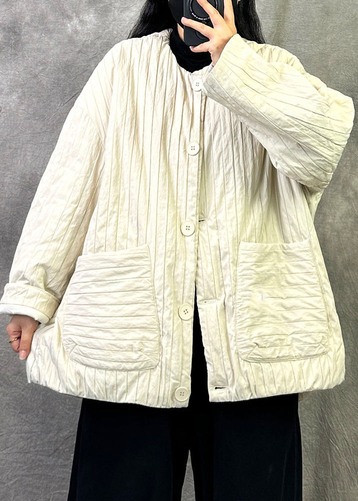 Handmade Beige O Neck Pockets Fine Cotton Filled Jacket Winter