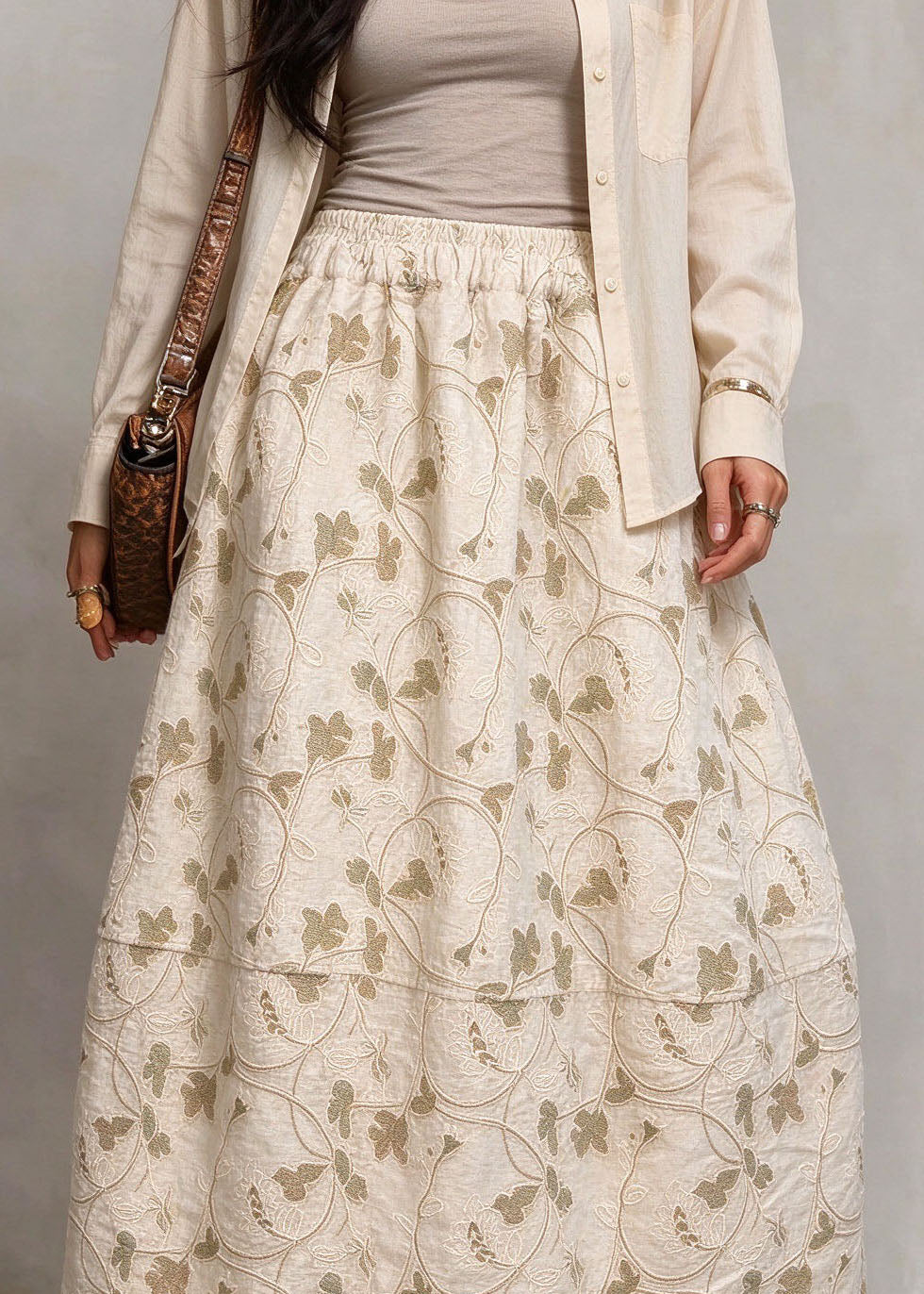 Handmade Beige Patchwork Double-Layer Maxi Skirts Winter
