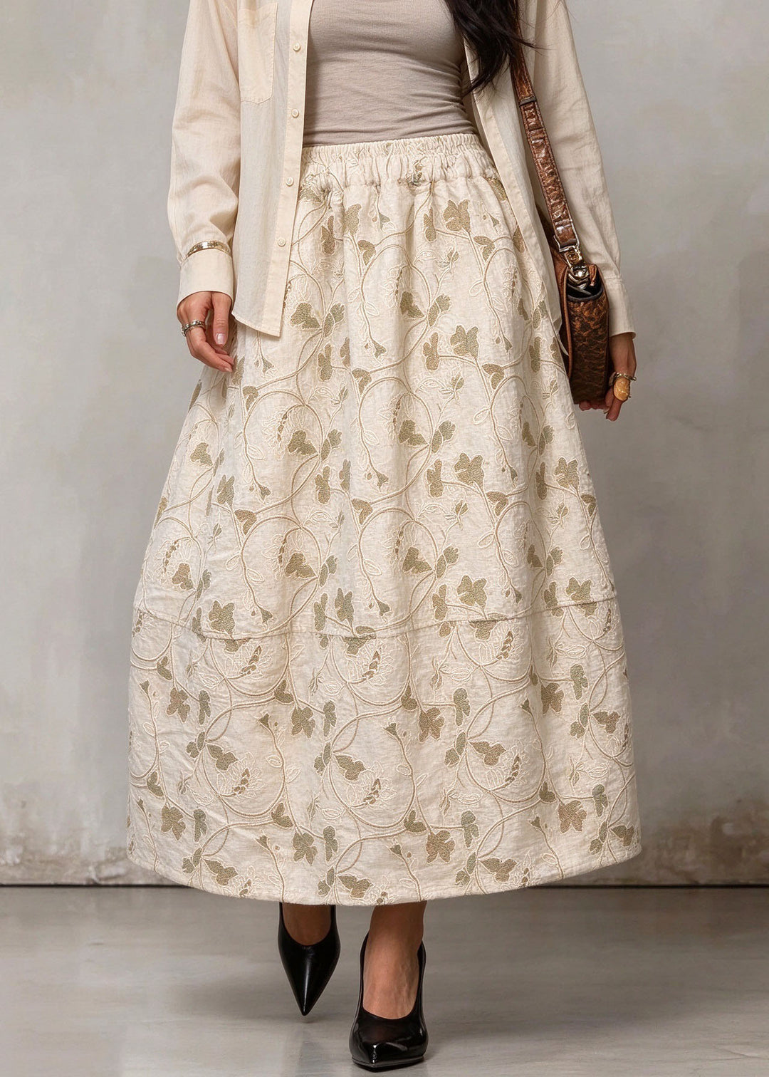 Handmade Beige Patchwork Double-Layer Maxi Skirts Winter