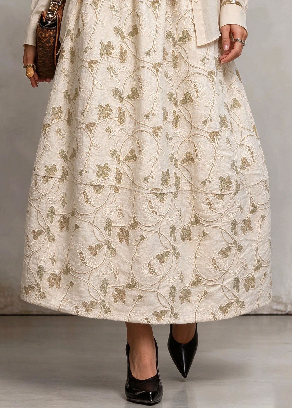 Handmade Beige Patchwork Double-Layer Maxi Skirts Winter