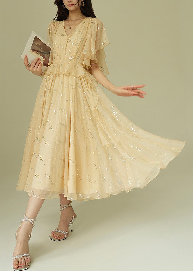 Handmade Beige Sequins Wrinkled Chiffon Long Dresses Summer