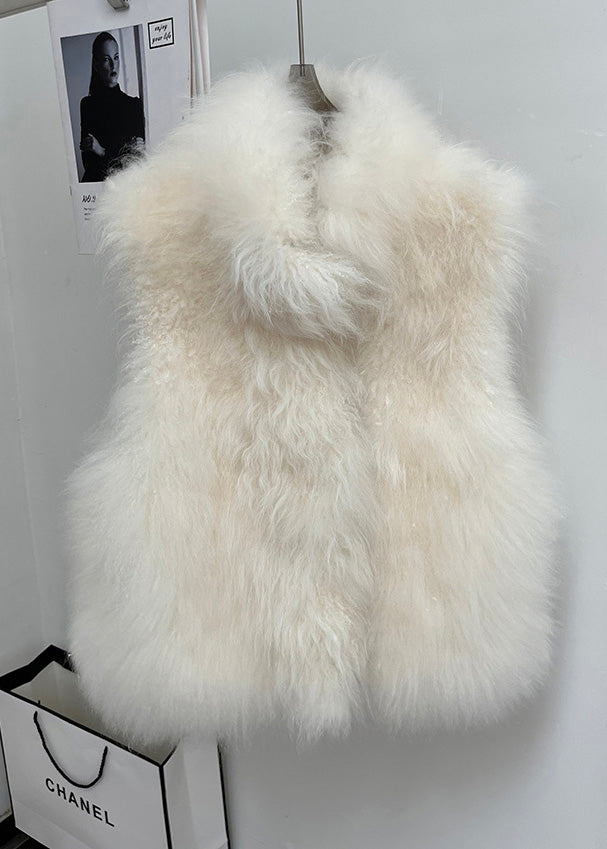 Handmade Beige Stand Collar Solid Leather And Fur Coat Sleeveless
