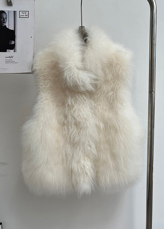 Handmade Beige Stand Collar Solid Leather And Fur Coat Sleeveless