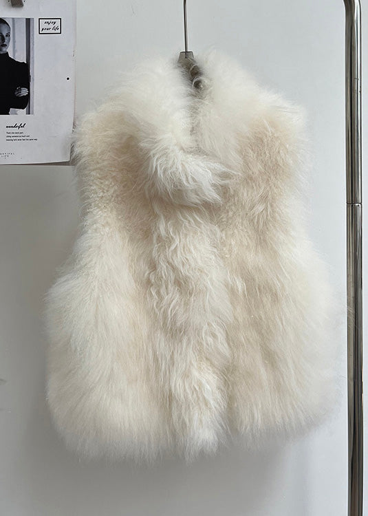 Handmade Beige Stand Collar Solid Leather And Fur Coat Sleeveless