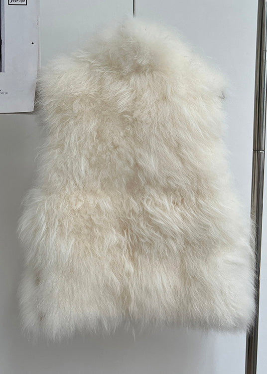 Handmade Beige Stand Collar Solid Leather And Fur Coat Sleeveless