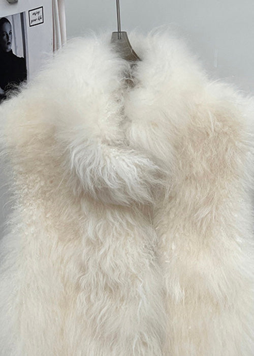 Handmade Beige Stand Collar Solid Leather And Fur Coat Sleeveless