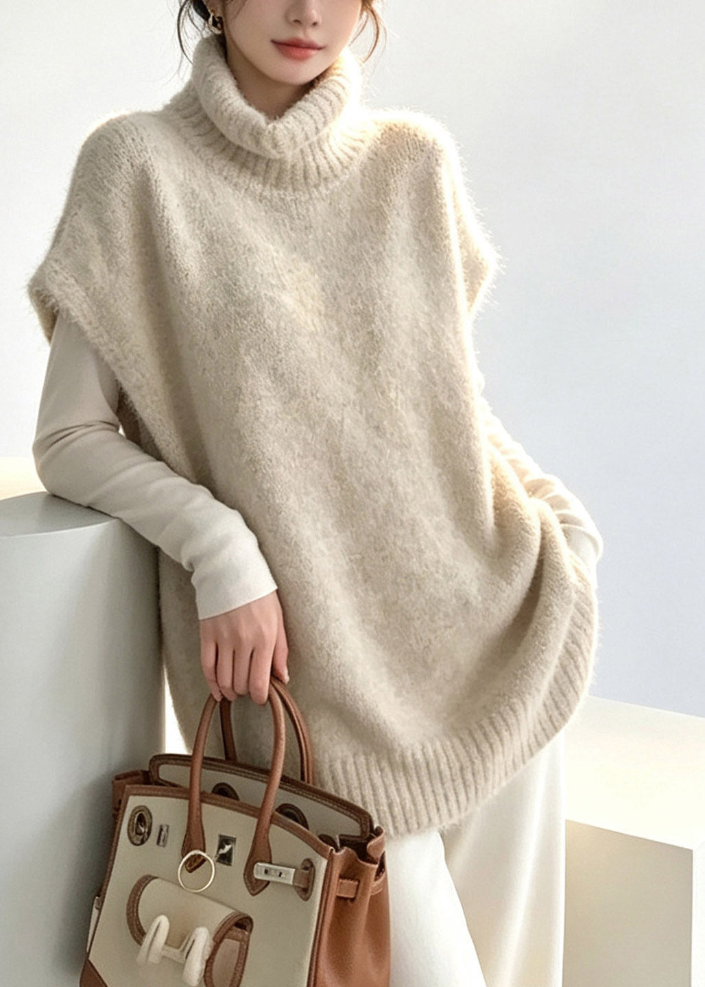 Handmade Beige Turtleneck Patchwork Cotton Knit Waistcoat Fall
