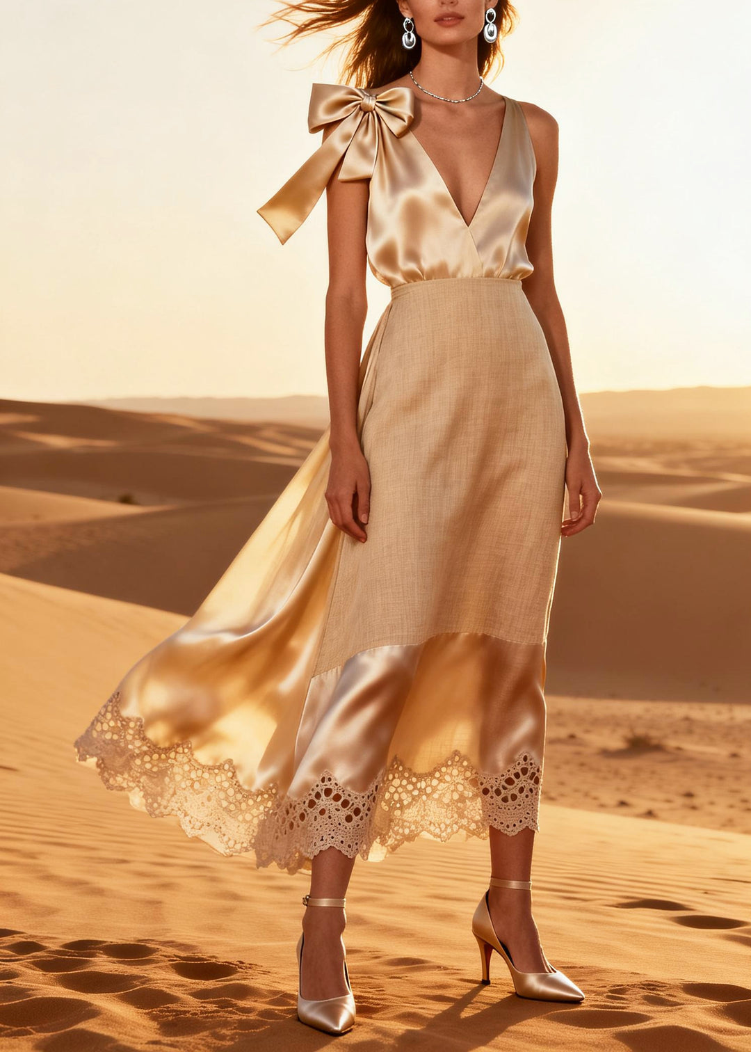Handmade Beige V Neck Patchwork Linen Silk CamiDress Summer
