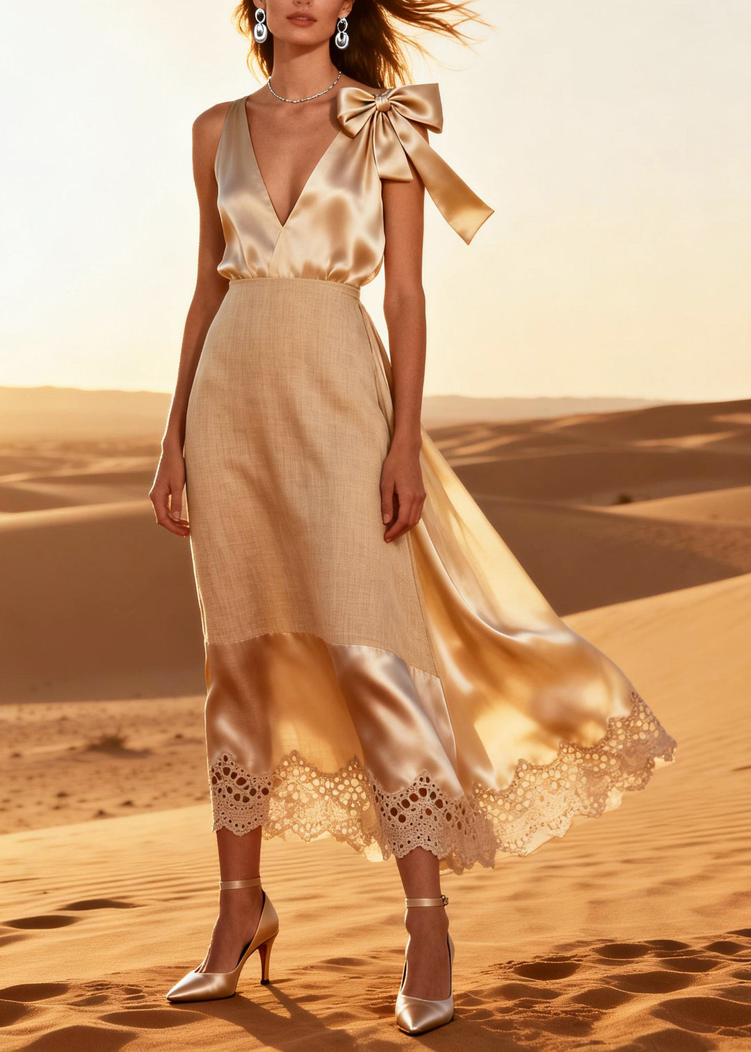 Handmade Beige V Neck Patchwork Linen Silk CamiDress Summer