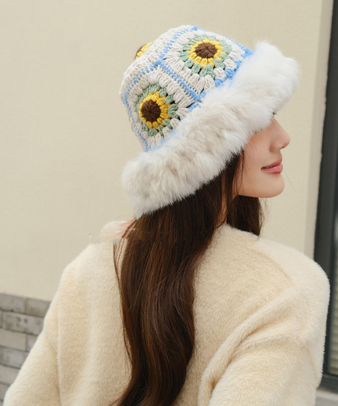 Handmade Beige Warm Rabbit Hair Knitted Bucket Hat Winter