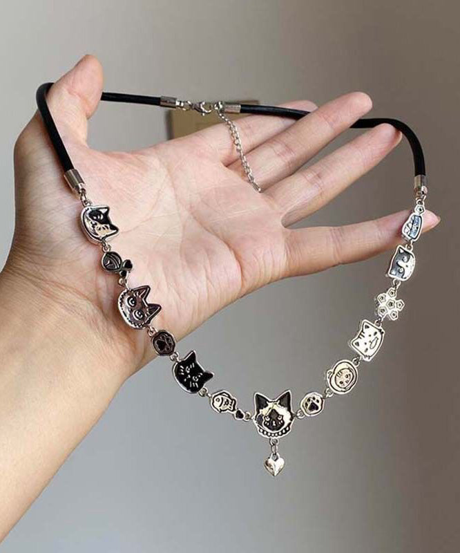 Handmade Black Alloy Graffiti Cat Pendant Necklace