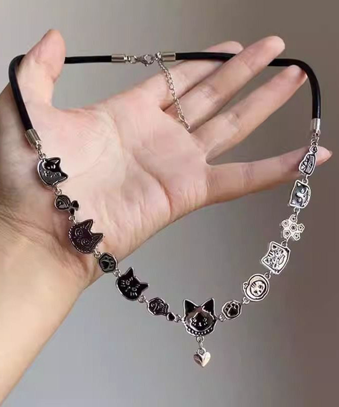 Handmade Black Alloy Graffiti Cat Pendant Necklace