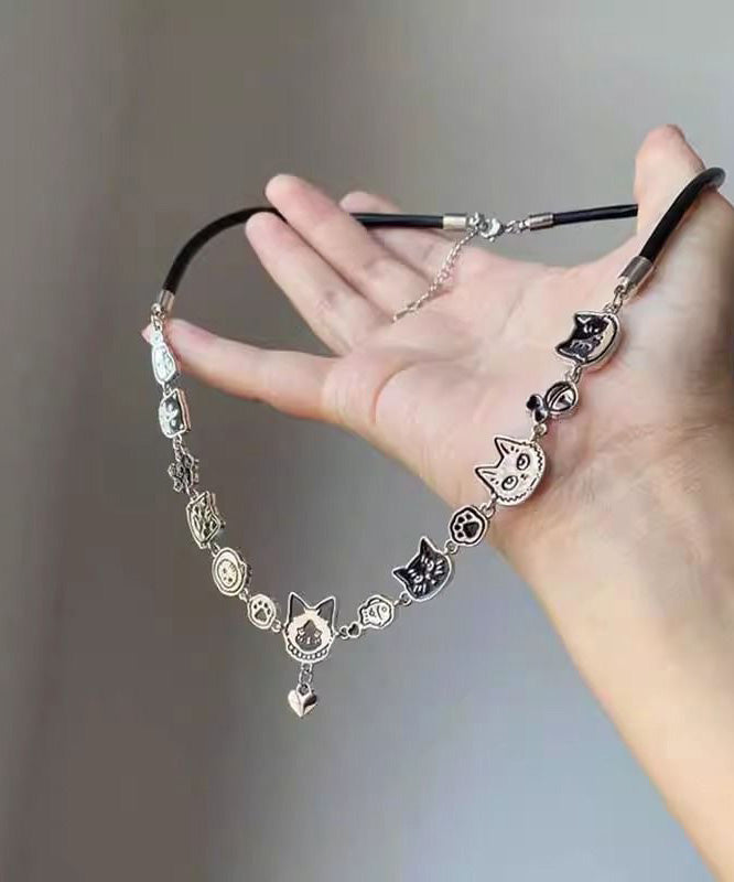 Handmade Black Alloy Graffiti Cat Pendant Necklace